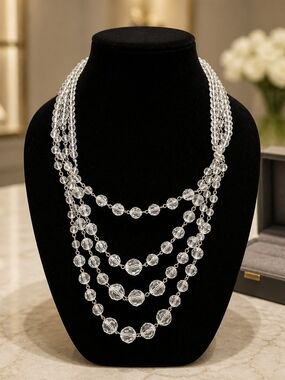Multi-Strand Clear Crystal Beaded Necklace - Women Jewelry